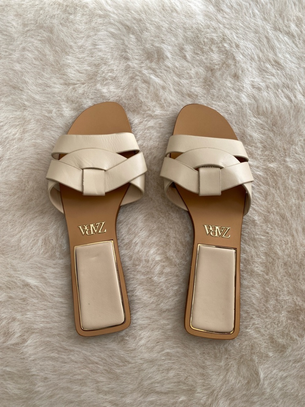 ZARA Beige Braided Leather Slide Sandals